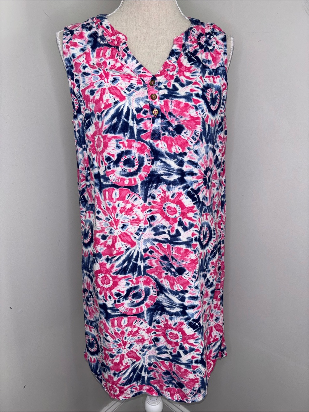 Caribbean Joe hot pink and blue tie dye sleeveless rayon shift dress size Medium